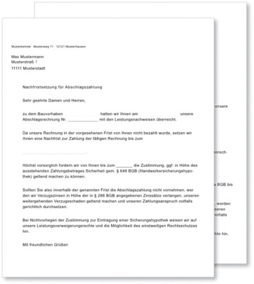 Musterschreiben für die Anmahnung einer Abschlagszahlung; ­Vertragsgrundlage BGB-Werkvertrag. Weitere Musterschreiben zum Download unter www.sbz-online.de/Aktuell/Extras zum Heft