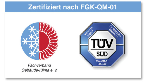 Zertifikat von FGK und TÜV Süd für die Instandhaltung und Reinigung von RLTAnlagen. Im Prüfsiegel ist die Kennung der Zertifizierungsbereiche enthalten.