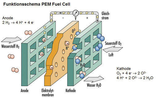 Funktionsschema einer Brennstoffzelle — hier die PEM-Variante — mit einer durchlässigen Membran.