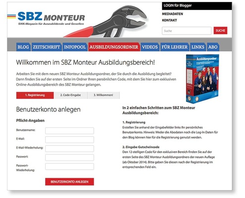 Die für das Führen des Ausbildungsordners erforderlichen Formblätter stehen als Vor­lagen passwortgeschützt unter der Rubrik Ausbildungsordner auf www.sbz-monteur.de bereit. Dort gibt es auch Datensafe und Berichtsheft-Alert.
