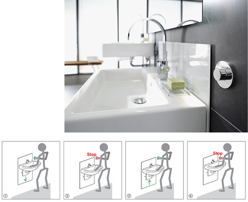 <p>
Das Eco Plus-Waschtisch-Element von Viega lässt sich per Knopfdruck senken oder heben. Rein mechanisch, ohne Elektronik.
</p>