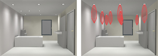 <p>
Variante 2: Eine Berechnung des Badezimmers mit breiter strahlenden Downlights (36 Grad). Ausstrahlwinkel von 36 Grad oder mehr erreichen eine gleichmäßige Verteilung der Beleuchtung im Bad.
</p>

<p>
</p> - © Bilder: Greule

