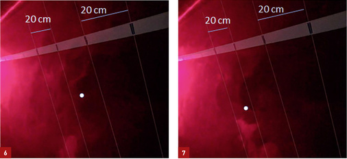 <p>
Die Ermittlung von Luftgeschwindigkeitsvektoren aus Zeitraster-Fotografien der Verwirbelung zeigt die tatsächlichen Effekte (Lufteinlass rechts, Bewegung durch weißen Punkt dargestellt).
</p>