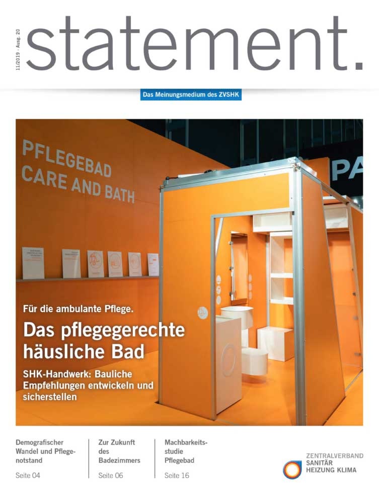 Auf 24 Seiten setzt der ZVSHK das Pflegebad als Schwerpunktthema: Für viele muss sich das Bad verändern – auch zum Pflegestützpunkt und Arbeitsplatz für Angehörige und/oder Pflegefachkräfte.