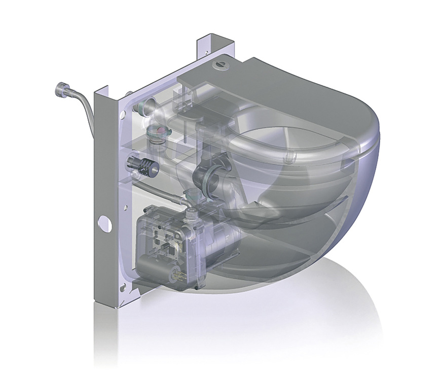 Bild 6: Kleinhebeanlagen können auch direkt in WC-Keramiken integriert sein – bei ­einigen Modellen sogar mit Waschtisch­anschluss. Das ist eine platzsparende ­Lösung beispielsweise für ein Gäste-WC im Untergeschoss eines Eigenheims.