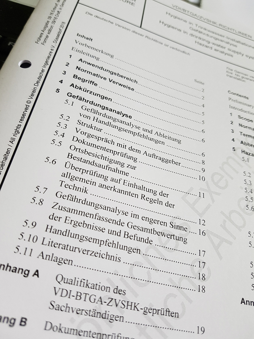 Bild 3: Die VDI/BTGA/ZVSHK 6023 Blatt 2 ­definiert die Anforderungen an ein Gutachten zur ­Gefährdungsanalyse und bietet versierten Fachleuten ­heute die Möglichkeit, die persönliche Qualifikation im Rahmen eines Zertifizierungsprogramms nachzuweisen.