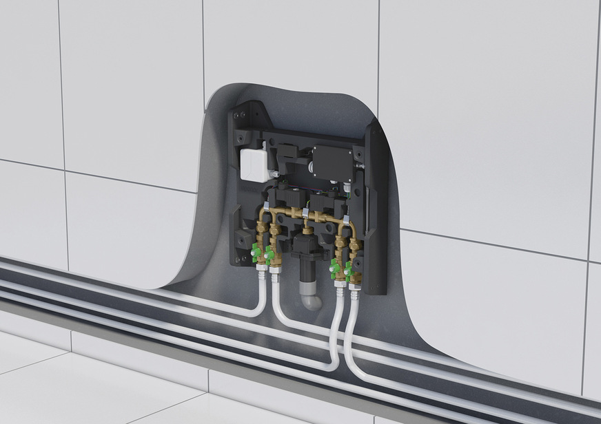 Bild 9: Für den hygienisch erforderlichen Wasseraustausch in der Stockwerksverteilung – ganz gleich für welchen Gebäudetyp – sorgt vollautomatisch die Spülstation Uponor Smatrix Aqua Plus. Sie arbeitet temperatur- oder zeitgesteuert.