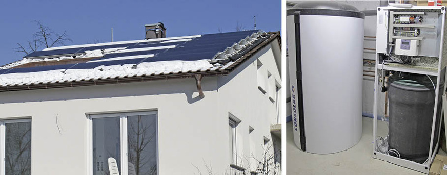 Bild 3: Im Monitoring betreute Solink-Anlage mit 40-m2-PVT-Kollektorfläche (links) und Komponenten (Kombispeicher, Wärmepumpe und Eisspeicher) (rechts).