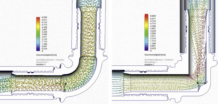 Bild 6:&nbsp;Der Uponor S-Press Plus Fitting (li.) weist gute Zeta-Werte auf, wie dieses Strömungsdiagramm zeigt.