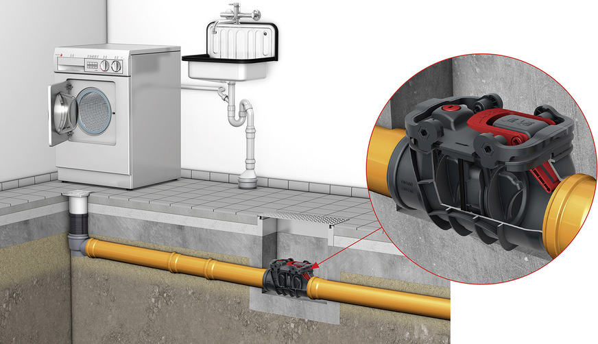 Rueckstauverschluss fuer faekalienfreies Abwasser ACO Triplex von ACO Haustechnik, hier mit Nennweite DN 100 eingebaut in einem bauseitigen Schacht.
