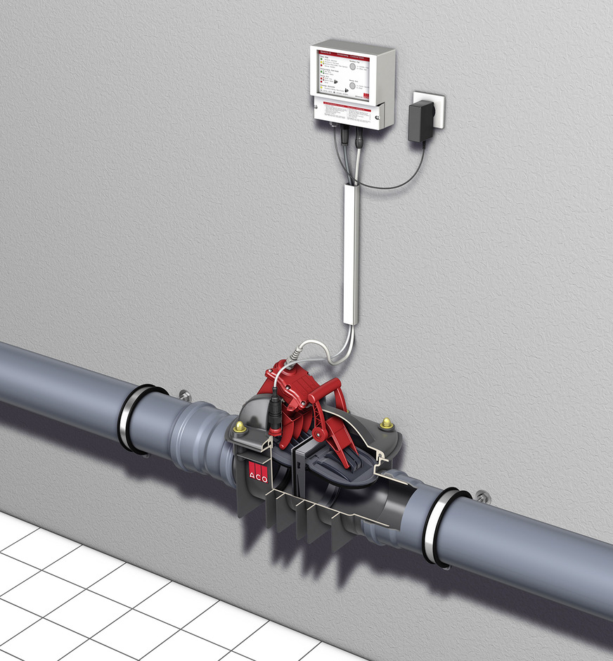 Wenn unterhalb der Rückstauebene eine ­Toilette liegt, kommt der Rückstauautomat ACO Quatrix-K Typ 3F zum Einsatz, hier ­freiliegend in der Rohrleitung verbaut.