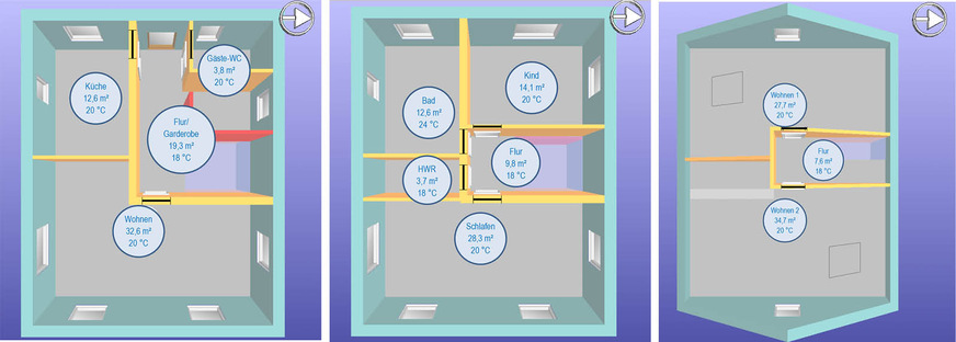 Bild 4: Die Grundrisse von Erdgeschoss (links), Obergeschoss (mitte) und Dachgeschoss (rechts) des Beispielhauses – jeweils mit Raum, Grundfläche und Auslegungstemperatur Heizlast.