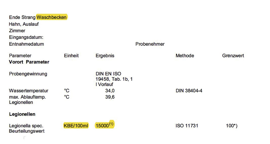Bild 2: Anonymisierter Auszug des Fallbeispiels „Hotelsanierung“ aus der Probeentnahme eines anderen Labors nach Zweck b: Hierbei wurde die Wachtischarmatur beprobt. Ergebnis: 15 000 Legionellen!
