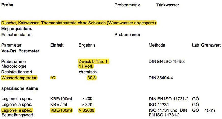 Bild 3: Anonymisierter Auszug des Fallbeispiels „Hotelsanierung“ aus der Probeentnahme nach Zweck b: Hier wurde in einem anderen Zimmer eine weitere Duscharmatur beprobt. Ergebnis: 32 000 Legionellen!