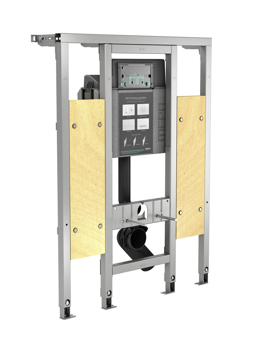 Mepa-WC-Element mit Spülkasten Sanicontrol A31 barrierefrei mit integrierten Haltern für Stützklappgriffe.