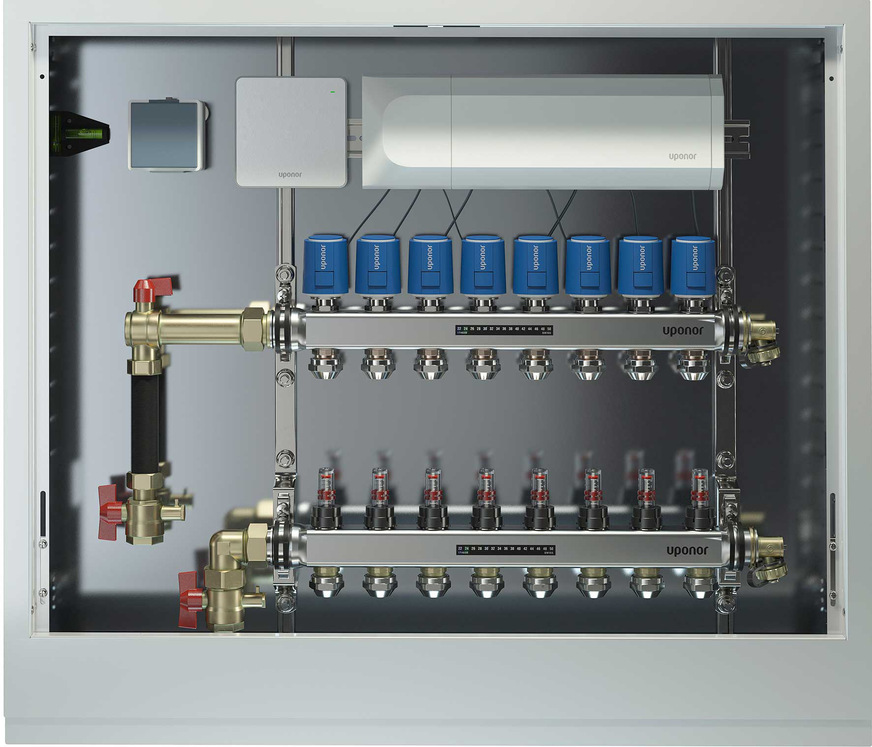 Die Verteilerstationen von Uponor werden komplett vorgefertigt geliefert. Für den Fachhandwerker heißt das: auspacken, anschließen, fertig.&nbsp; &nbsp;