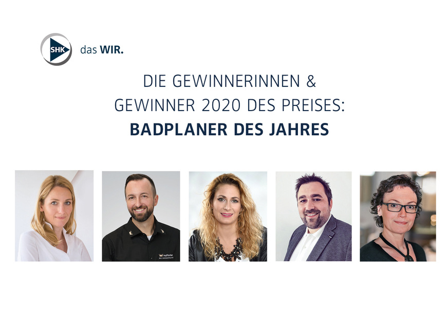 Die Gewinner*innen des Badplanungswettbewerbs 2020 von links nach rechts: Claudia Altrichter (Gerhard Elsässer GmbH), Christian Fischer (myFischer – DIE BADGESTALTER), Stefanie Cáceres Sánchez (Fred Weber GmbH), Jochen Schmitt (smr – DIE BADGESTALTER), Kirsten Wellner (Wellner – DIE BADGESTALTER).