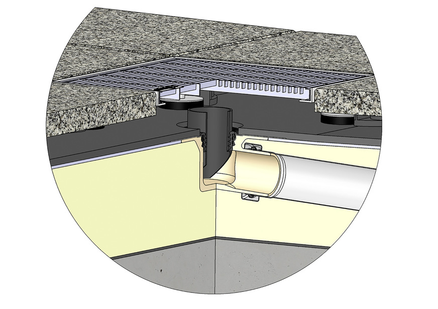 Bild 8: Die Notentwässerungseinrichtungen können je nach Anforderung und baulicher Gegebenheit unter­schiedlich platziert werden: hier Flächengully unter­halb des Plattenbelags.