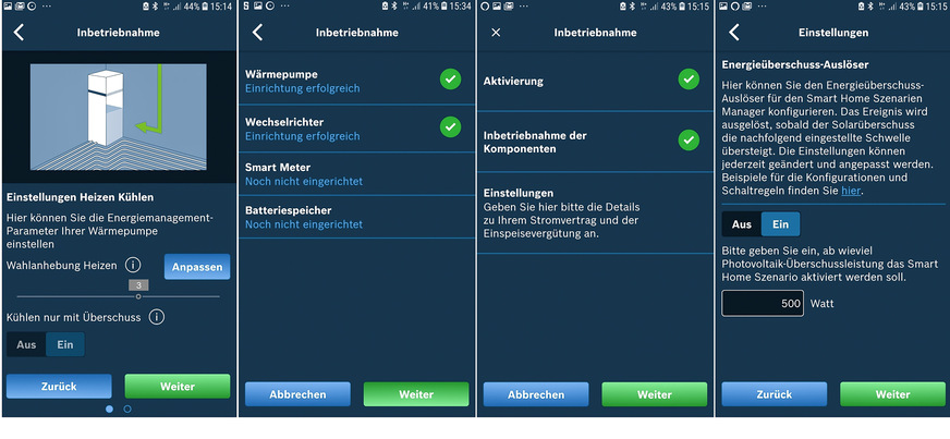 Die App erkennt die installierte Wärmepumpe automatisch und führt durch die Konfiguration der Betriebsparameter. So lassen sich etwa die Temperaturgrenzen für die Stromspeicherung in Form von Wärme definieren.