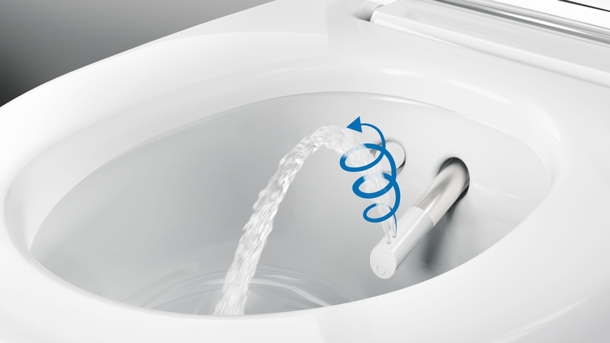 Die patentierte WhirlSpray-Duschtechnologie des Geberit AquaClean Dusch-WCs reinigt den Intimbereich sanft und gründlich mit körperwarmem Wasser.
