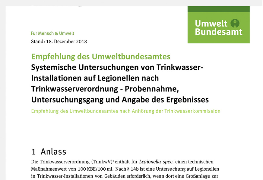 Bild 2: Empfehlung des Umweltbundesamtes zur systemischen Untersuchung von Trinkwasserinstallationen auf Legionellen.