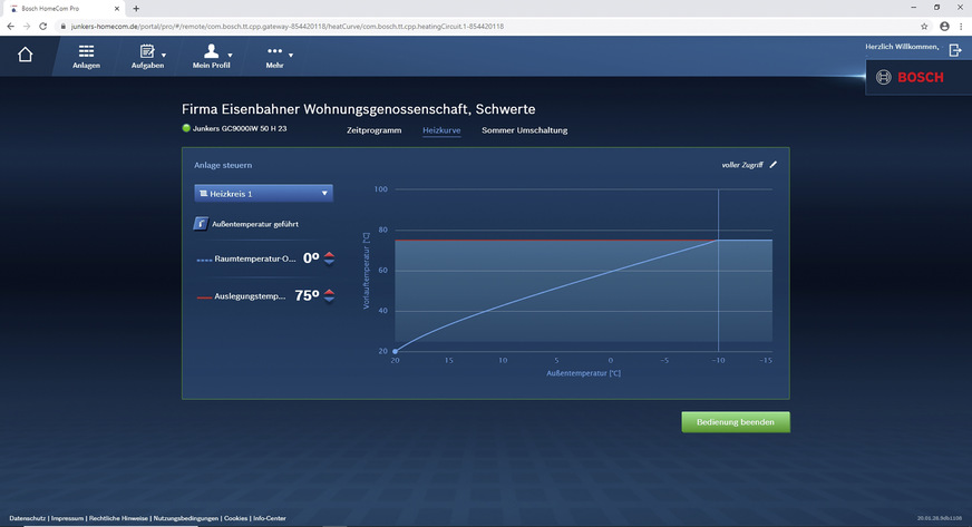 Ist die Anlage online, lassen sich wichtige Parameter wie etwa die Heizkurve schnell überprüfen.