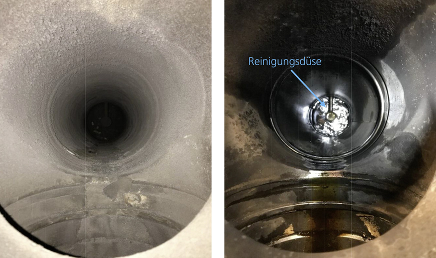 Die Niederschlagsfläche vor (links) und nach (rechts) einer Reinigung mit einem Intervall von fünf Sekunden und mit einem Wasserdruck von 3 bar.