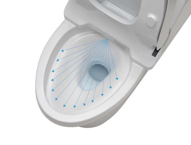 Vor der Nutzung wird das WC Becken mit einem Wassernebel benetzt, da an feuchter Keramik weniger haften bleibt als an trockener Keramik.