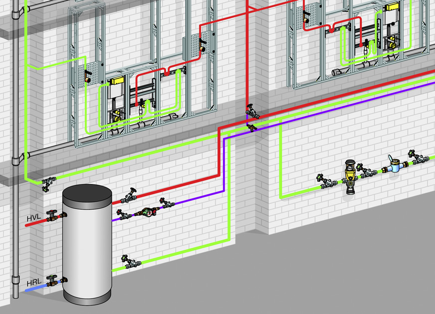 Bild 7: Da Wärme nach oben steigt, sollten warmgehende Rohrleitungen von oben und kaltgehende Rohrleitungen von unten an die Entnahmestelle geführt werden. So lässt sich der Wärmeübergang auf Trinkwasser kalt ­reduzieren.