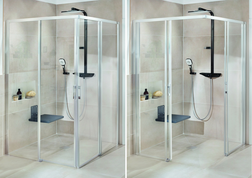 Auch als geschlossene Variante ermöglichen die bodenfreien Gleittüren der Liga einen komfortablen Einstieg in den Duschbereich. Zur Benutzung mit einer Gehhilfe muss das Innenmaß der geschlossenen Duschkabine 1,20 x 1,20 m betragen. 