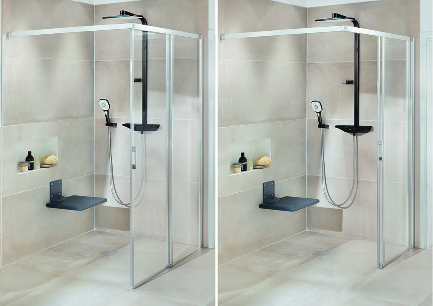 Der Türflügel der Walk-In Wall Gleit kann bequem zurückgeschoben werden.&nbsp;Durch den Verzicht auf eine Bodenschwelle und in Kombination mit dem bodeneben installierten Duschplatz kann der Duschbereich ohne Stolperfallen betreten werden.