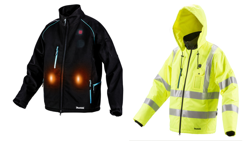 Links: Wärmt und schützt in der kalten Jahreszeit: die Makita Akku-Thermojacke DCJ205. Rechts: Die signalgelbe Farbe und die reflektierenden Streifen der Makita Thermoja-cke DCJ206 schaffen eine bessere Sichtbarkeit im Dunklen.