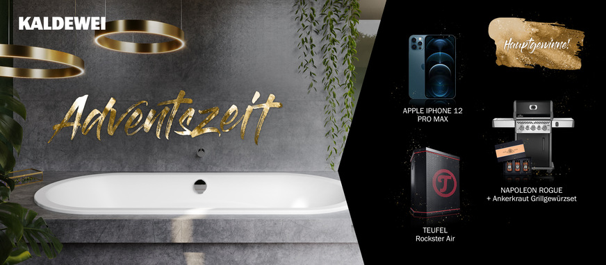 Tolle Gewinne im Kaldewei-Adventskalender: Ein iPhone 12 Pro Max 512 GB, ein Napoleon Rogue SE 425 RSIB Grill mit Gutschein und Gewürzset von Ankerkraut sowie ein Teufel Rockster Air Bluetooth-Lautsprecher.