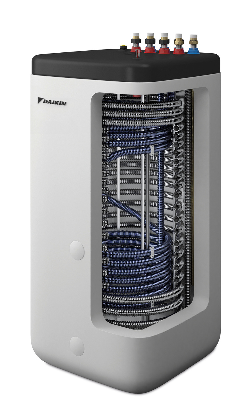 In Wärmespeichern von Daikin ist die Wärmeenergie nicht im Trinkwasser gespeichert, sondern im davon klar getrennten Speicherwasser. Dieses wird bei Inbetriebnahme einmalig eingefüllt und dient nur der Wärmespeicherung.