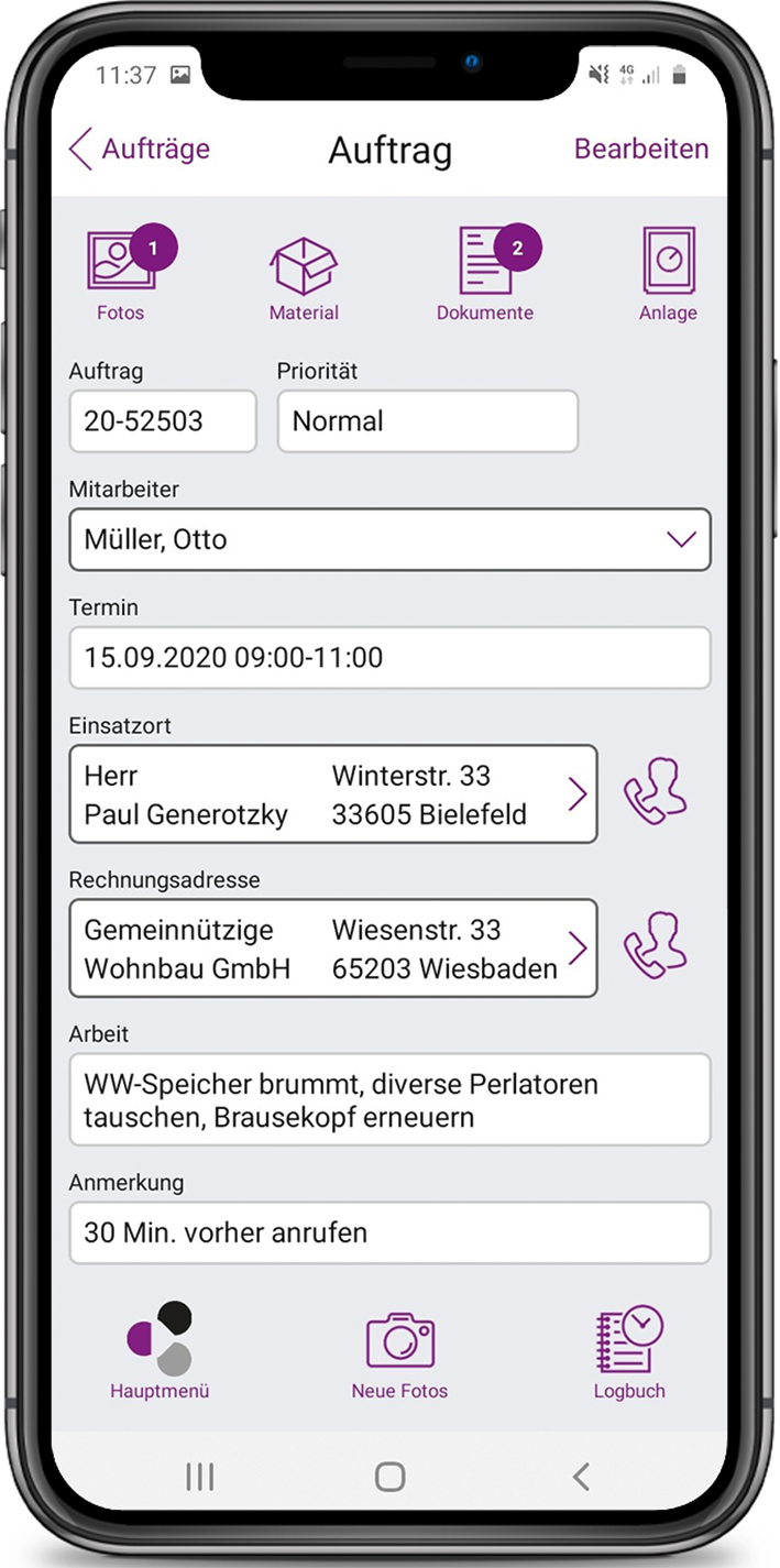 Mit der App haben Monteure von unterwegs aus Zugriff auf die Daten der Handwer﻿kersoftware in der Zentrale.﻿