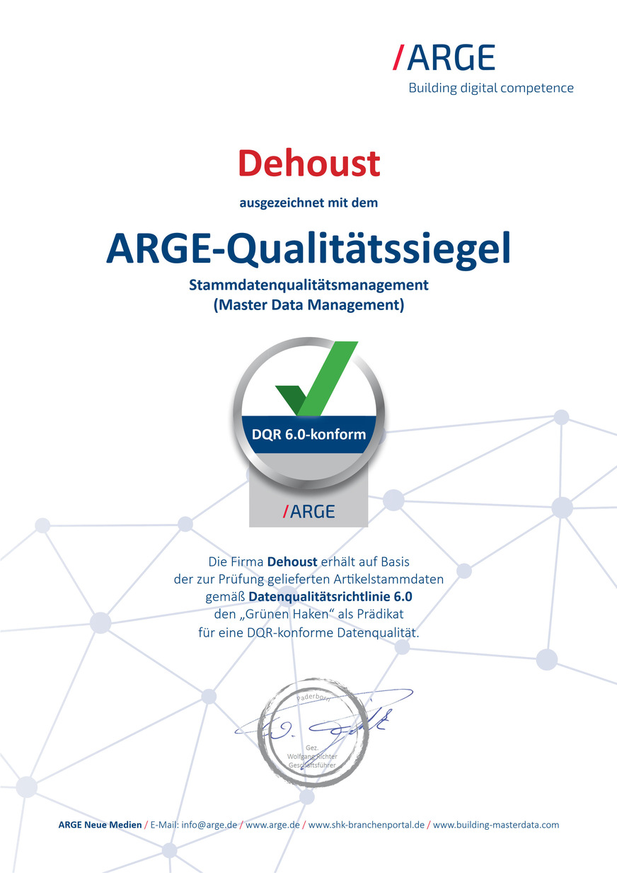 Das Siegel der ARGE Neue Medien bescheinigt, dass Dehoust Produktstammdaten nach den mit DG Haustechnik und ZVSHK abgestimmten Prüfkriterien liefert.