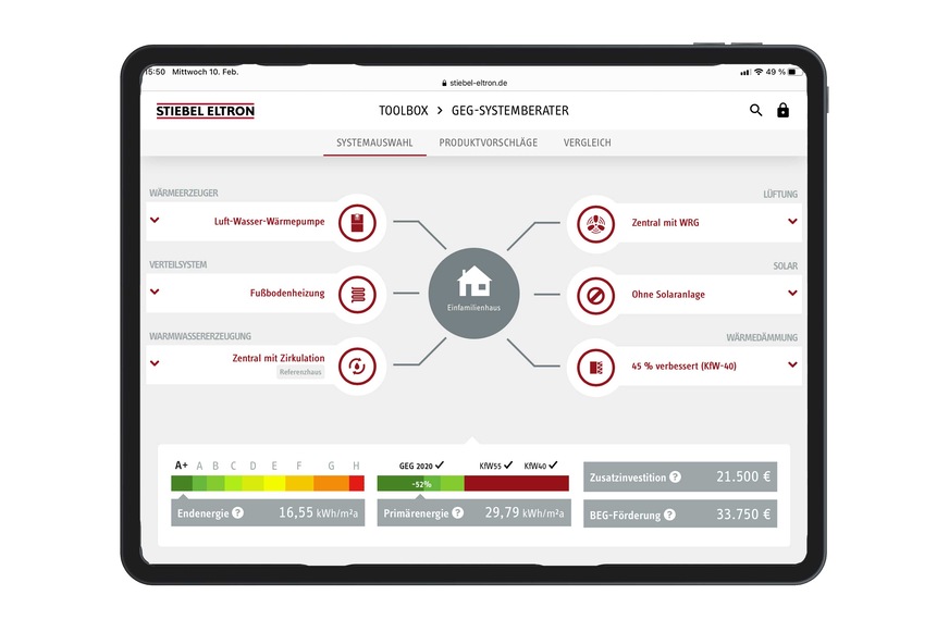 Der GEG-Systemberater von Stiebel Eltron liefert mit wenigen Klicks Informationen zu Endenergieverbrauch, Fördersumme und Primärenergiebedarf eines geplanten Gebäudes. Gleichzeitig bietet er Produktvorschläge für die Umsetzung der Haustechnik.