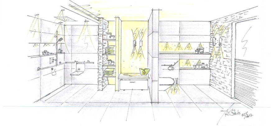 Eine warme Holzplatte – baugleich mit der Konsolenplatte der Waschtischanlage – lädt ein zum Hinsetzen, Füße-Abstellen, Ablegen von diversen Dingen und vermittelt ein wohnliches Raumgefühl.
