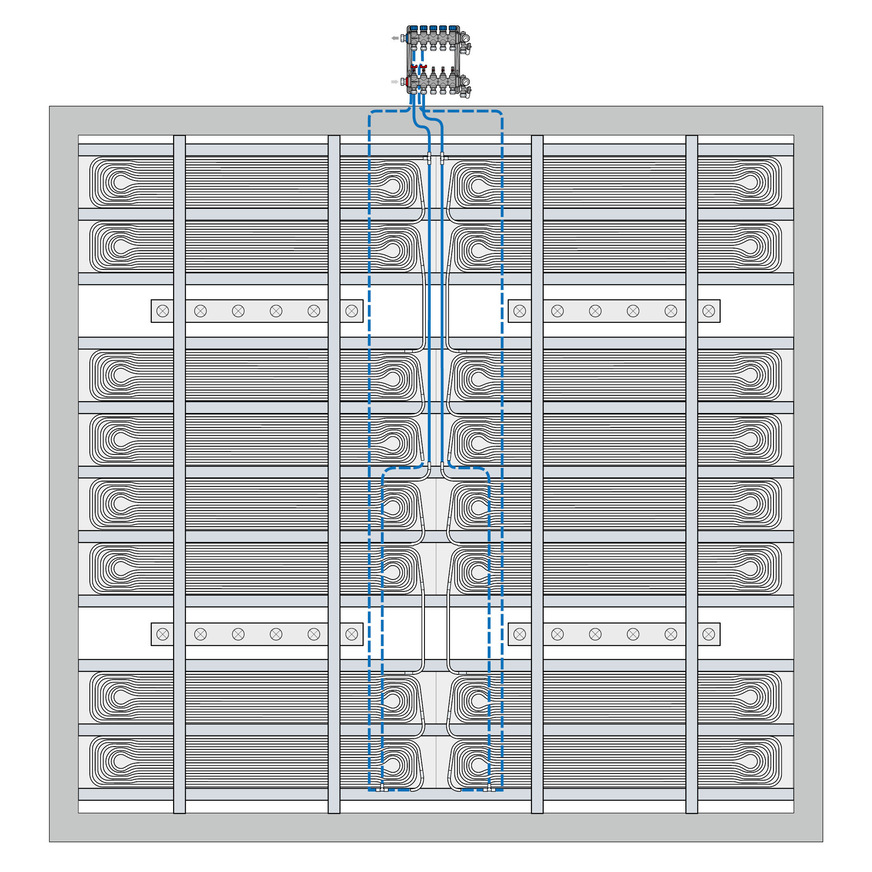 Bild 2: Ein Deckenspiegel hilft bei der ­Planung – hier bei der ­Deckenbelegung und der ­hydraulischen Anbindung.