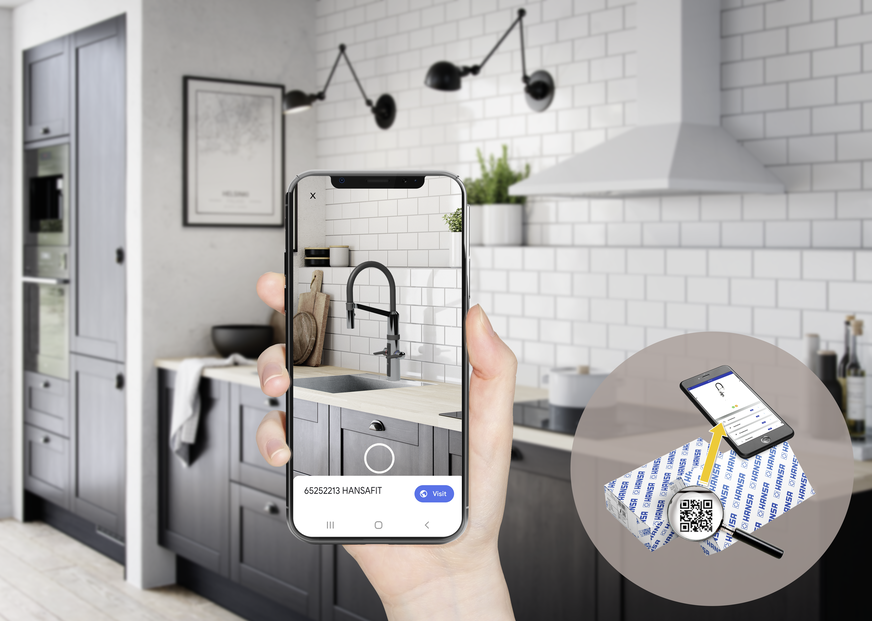 Mit dem Augmented Reality Modus lassen sich die Produkte von Hansa – hier die die Hansafit Hybrid Küchenarmatur – interaktiv und visuell in einer physischen Umgebung darstellen. 