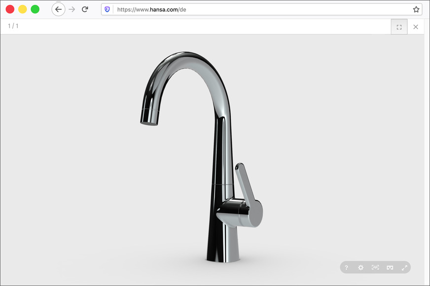 3D-Plattform von Hansa: Der Betrachter kann zwischen interaktiver 3D-Ansicht, Augmented Reality Modus oder Virtual-Reality-Darstellung auswählen.  Hier die Hansadesigno Style-Waschtischarmatur. 