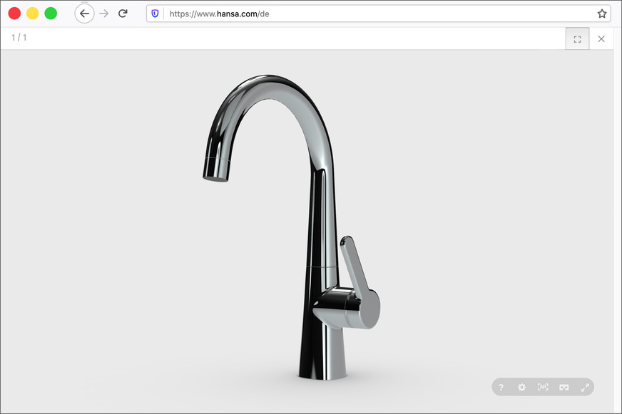 3D-Plattform von Hansa: Der Betrachter kann zwischen interaktiver 3D-Ansicht, Augmented Reality Modus oder Virtual-Reality-Darstellung auswählen.&nbsp; Hier die Hansadesigno Style-Waschtischarmatur.&nbsp;
