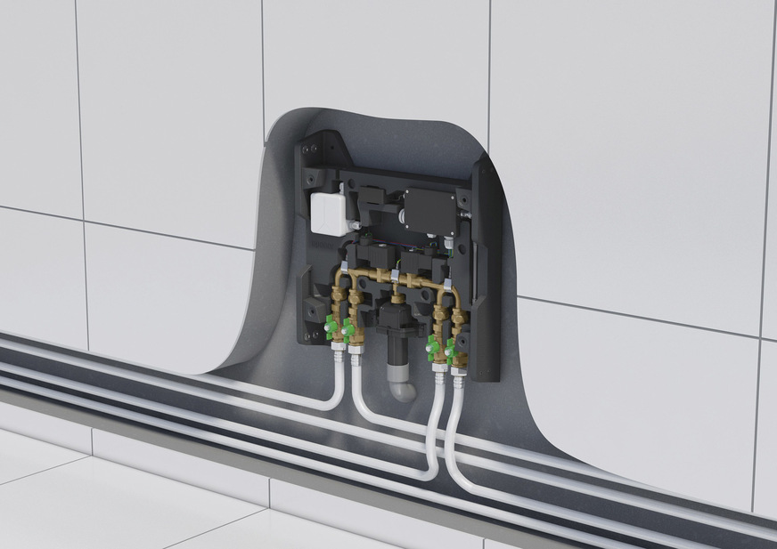 Bild 4 Spülstationen, wie hier Uponor Smatrix Aqua Plus, können flexibel in die Ringleitung eingebunden werden und sorgen dort für den bedarfsgerechten Austausch des Wasserinhalts bei längeren Nutzungsunterbrechungen.