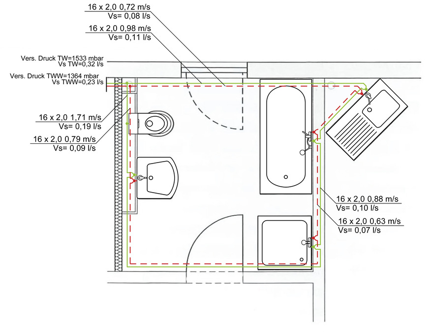 Bild 5 Die Berechnung der Durchschleif-Ringinstallation erfolgt mit dem „Hardy-Cross-Verfahren“. Im hier abgebildeten Beispiel kann das Leitungssystem durchgehend in der kleinstmöglichen Rohrdimension 16 x 2 mm ausgeführt werden, wodurch sich ein Wasserinhalt von nur 2,2 l ergibt.