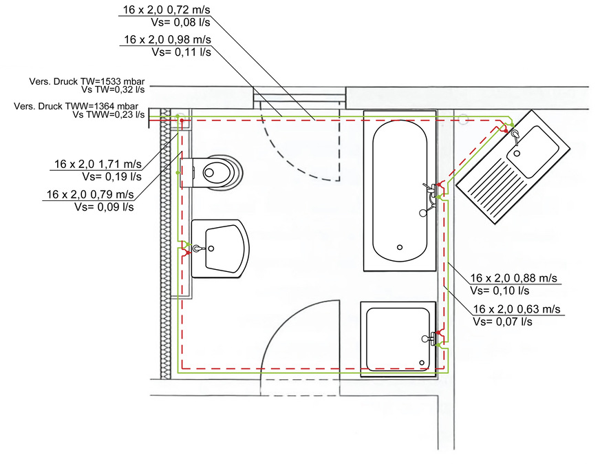 Bild 5  Die Berechnung der Durchschleif-Ringinstallation erfolgt mit dem „Hardy-Cross-Verfahren“. Im hier abgebildeten Beispiel kann das Leitungssystem durchgehend in der kleinstmöglichen Rohrdimension 16 x 2 mm ausgeführt werden, wodurch sich ein Wasserinhalt von nur 2,2 l ergibt.