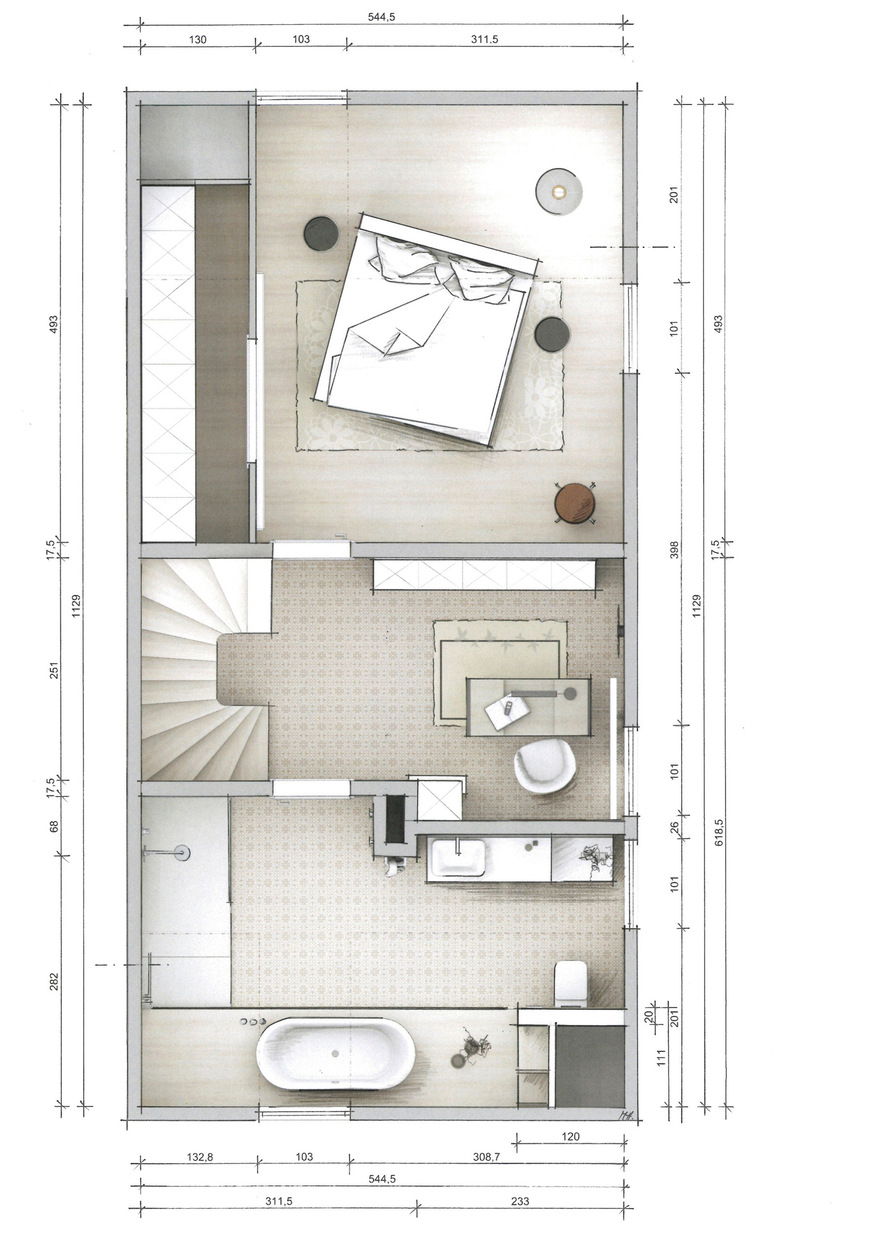 Vorher (oben) und nachher: Das einstige Elternschlafzimmer und das Bad wurden zu einem Raum zusammengefasst.