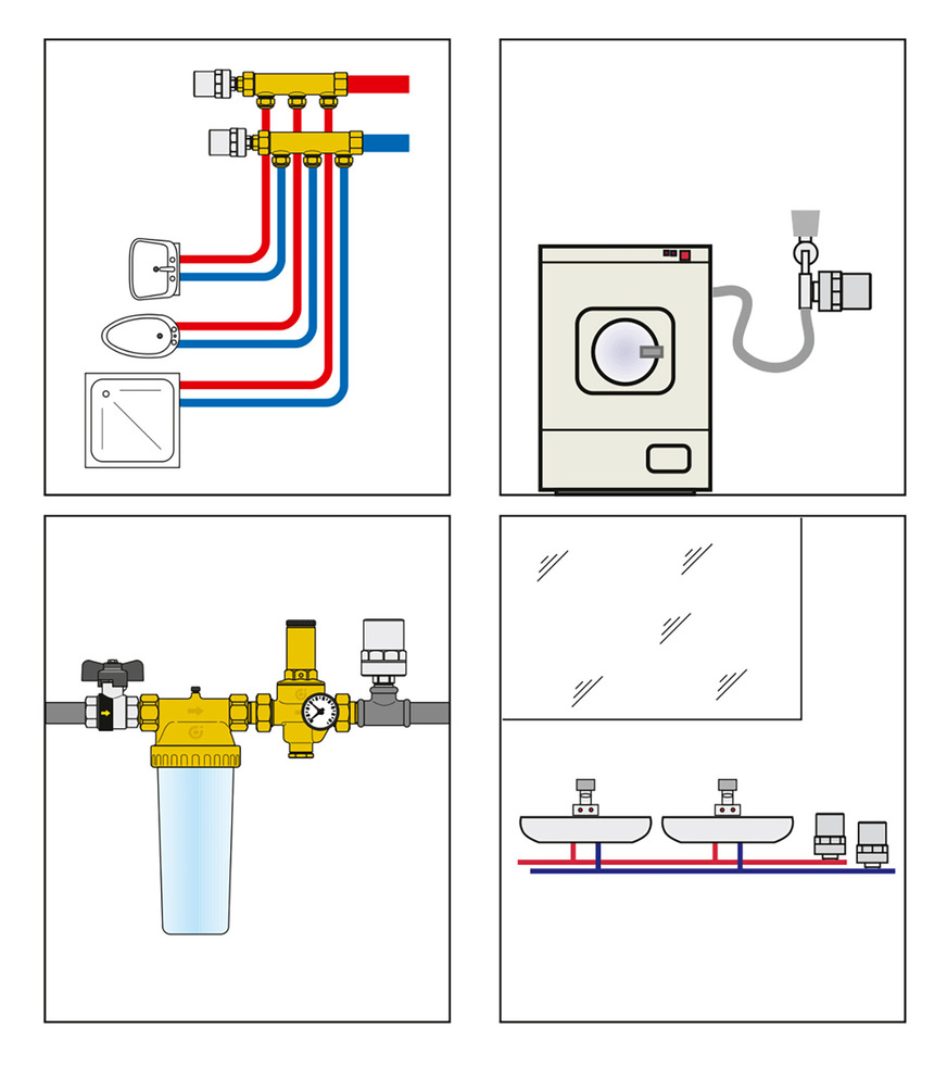 Neben der Standardversion gibt es spezielle Versionen der Wasserschlagdämpfer für Spülen und Waschbecken (3/8“ IG Überwurfmutter x 3/8“ AG) und Waschmaschinen (3/4“ IG Überwurfmutter x 3/4“ AG).