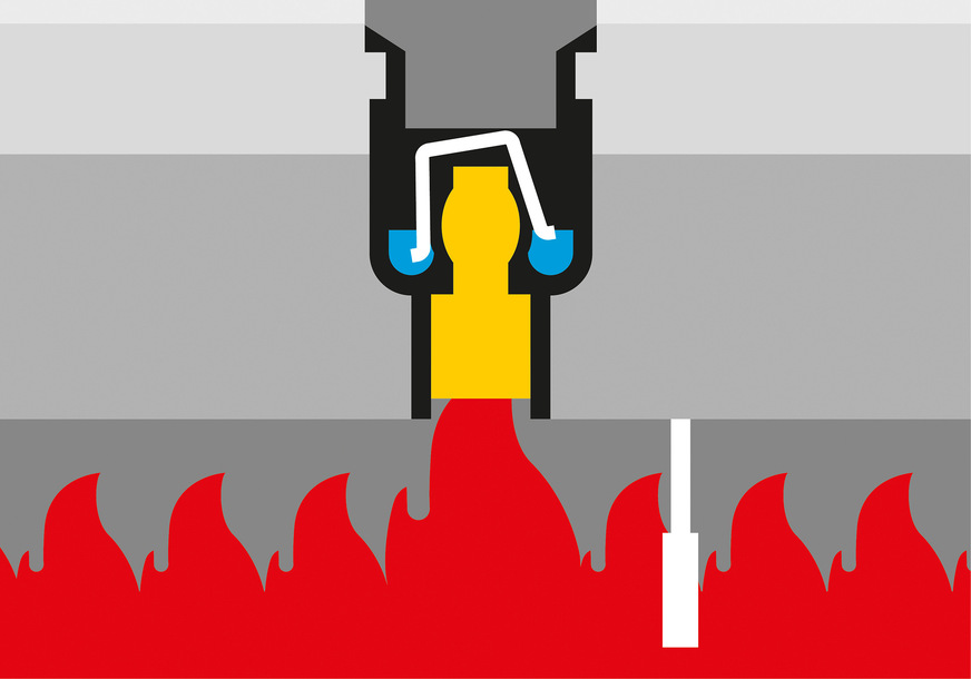 Durch die Hitzeeinwirkung im Brandfall löst sich das Ablaufrohr. Sobald der Brandschutzeinsatz Fire-Kit Kontakt zum Feuer hat, quillt er auf, verschließt den Ablauf und verhindert so eine weitere Brand- und Rauchgasausbreitung.