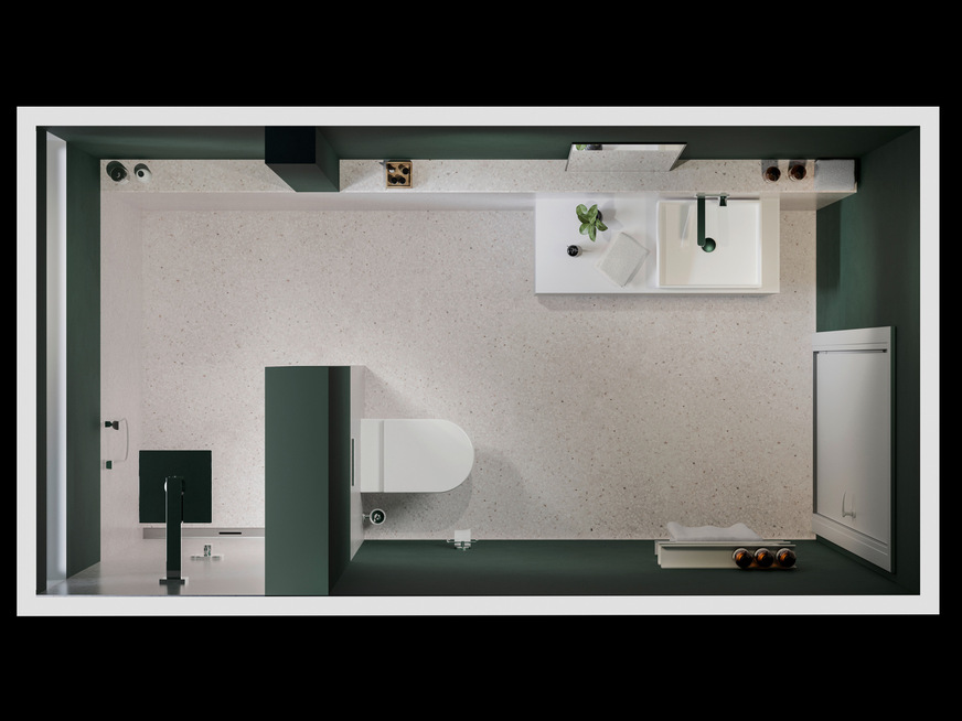 Durch flexible Vorwandsysteme können selbst ungünstig geschnittene Räume attraktiv gestaltet werden, hier das Beispiel eines typischen „Schlauchbades“.