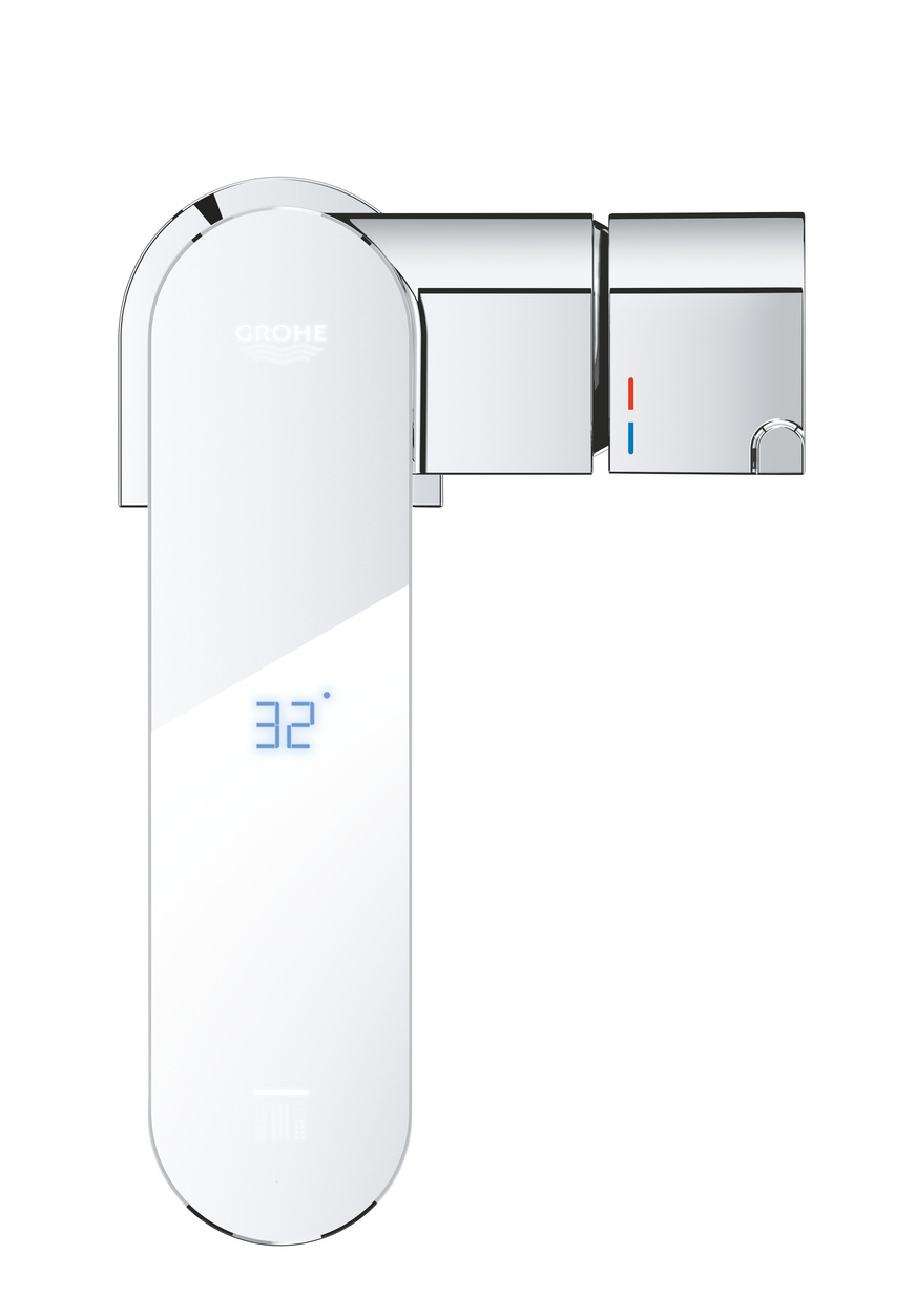 Waschtischarmatur mit integriertem LED-Display auf dem Auslauf: Der Nutzer weiß jederzeit, wie warm oder kalt das Wasser ist.